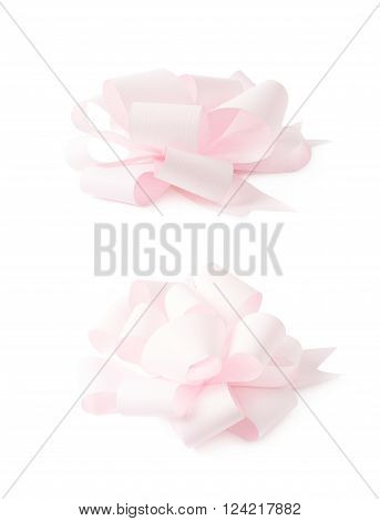 Decorational rose pink ribbon gift bow isolated over the white background, set collection of two diffirent foreshortenings