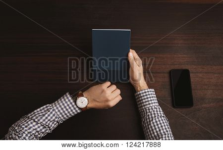Accountant Looking Time On His Classic Silver Watches With Leather Strap Wearing Plaid Shirt, Near S