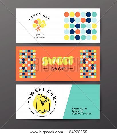 Vector flat candy bar and sweet shop logo design. Sweet store insignia cards design. Bakery, kid toys store, home made cakes, pies logo, restaurant, cafe, catering brand mark leaflet design.