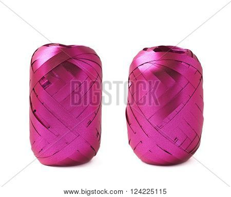 Glossy purple pink ribbon reel isolated over the white background, set collection of two diffirent foreshortenings