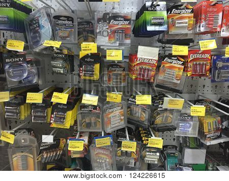 Hanoi, Vietnam - Apr 4, 2016: Many kind of heavy duty batteries being displayed for sale at a Vinmart supermarket. Vinmart is and retailer brand of Vingroup - a biggest Vietnamese corporation.