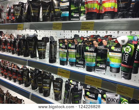 Hanoi, Vietnam - Apr 4, 2016: Many kind of shampoo and body wash oil being displayed for sale at a Vinmart supermarket. Vinmart is and retailer brand of Vingroup - a biggest Vietnamese corporation.