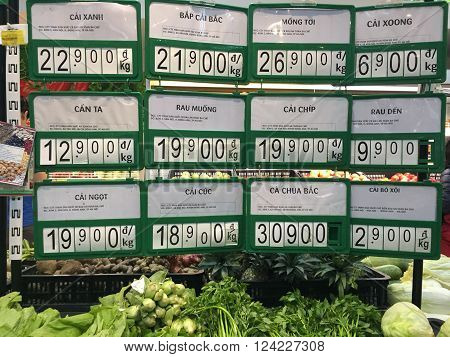 Hanoi, Vietnam - Apr 4, 2016: Many kind of fruits and vegetables being displayed for sale at a Vinmart supermarket. Vinmart is and retailer brand of Vingroup - a biggest Vietnamese corporation.