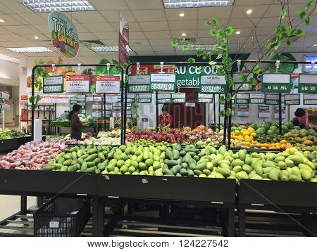 Hanoi, Vietnam - Apr 4, 2016: Many kind of fruits and vegetables being displayed for sale at a Vinmart supermarket. Vinmart is and retailer brand of Vingroup - a biggest Vietnamese corporation.