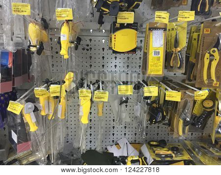 Hanoi, Vietnam - Apr 4, 2016: Many kind of hand tools handset being displayed for sale at a Vinmart supermarket. Vinmart is and retailer brand of Vingroup - a biggest Vietnamese corporation.