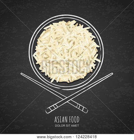 Dish Of Boiled White Rice And Chopsticks On Grunge Black Chalkboard Background.
