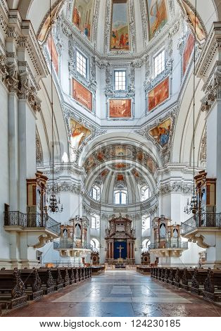 AUSTRIA, SALZBURG - MARCH 15, 2012: Salzburg Dom Cathedral interior built by Santino Solari, Swiss architect and sculptor. Cathedral is dedicated to Saint Rupert and Saint Vergilius.