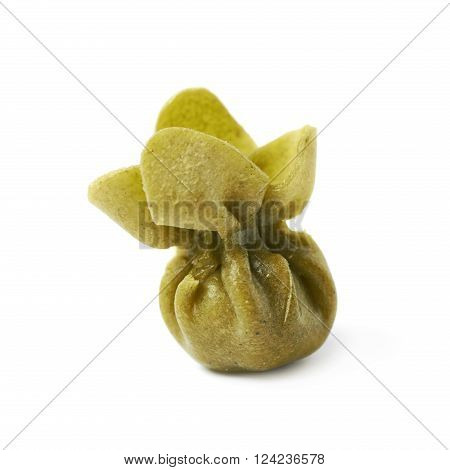 Single sacchettoni stuffed sacchetti pasta isolated over the white background