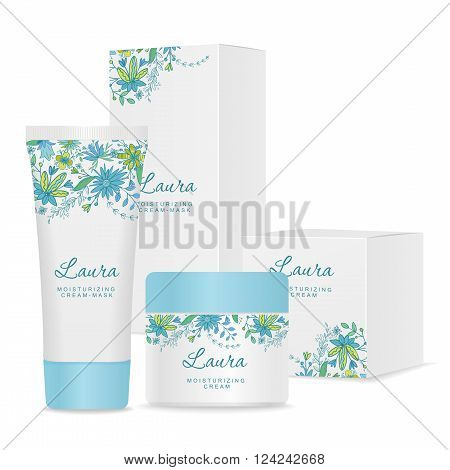 Two white  cosmetic tube and paper packages. Modern floral design. Vector illustration
