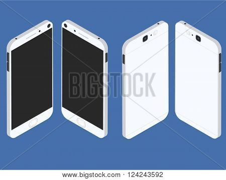 Cell phone. Flat isometric. Mobile device. Modern technologies of communication. Communication and management. White smartphone. Touchscreen display. Vector illustration.