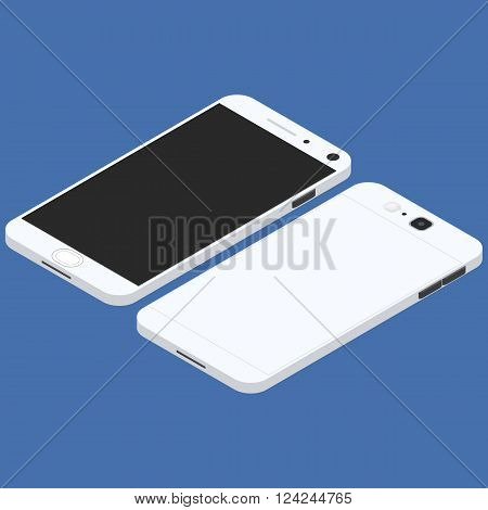 Cell phone. Flat isometric. Mobile device. Modern technologies of communication. Communication and management. White smartphone. Touchscreen display. Vector illustration.