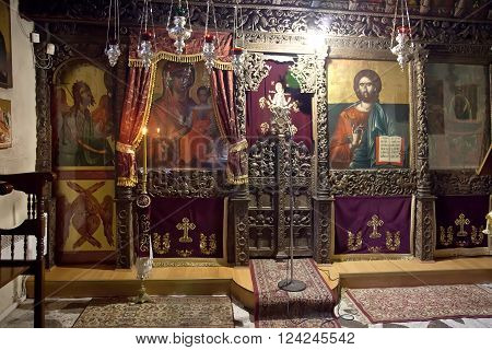 GREECE, KASTORIA - March 12.2016: Church of the XVI century of Our Lady Mavritosy. Ancient iconostasis