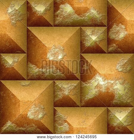 Abstract seamless 3d pattern of orange and gold scratched beveled cubes