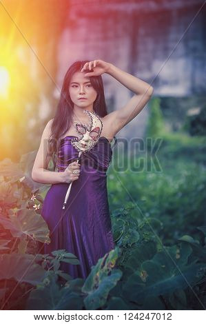 Portrait Of Asia Women With Mask On Nature