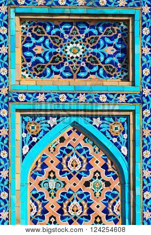 Russia. Majolic ornament on The Saint-Petersburg Mosque Facade. The Mosque was built in 1921