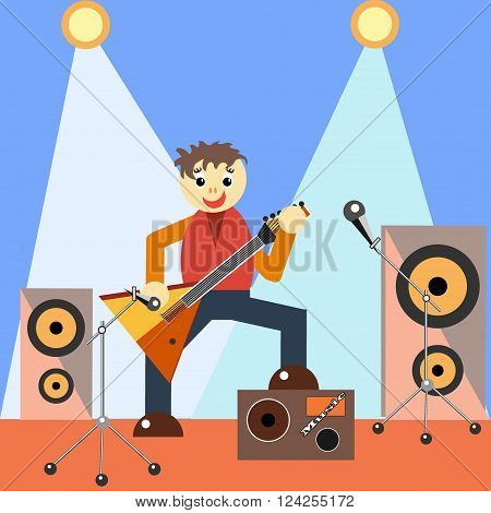 Merry musician on stage playing the electric guitar