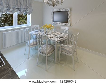 Beautiful Luxury Dining room with served table. 3d render