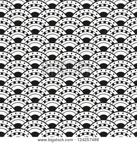 Seamless black and white pattern squama boho style. Repeating background. Cloth design wrapping. Vector.