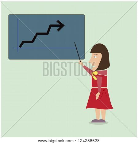 Woman with growth chart on presentation business and finance concept. Vector illustration