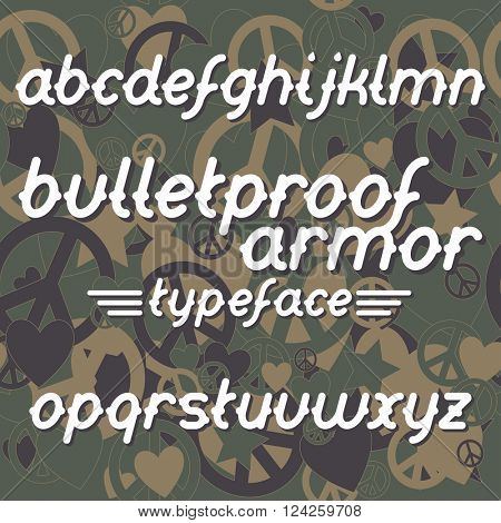 Bulletproof armor typeface. Bulletproof font set. Vector bulletproof armor typeface on military camouflage background