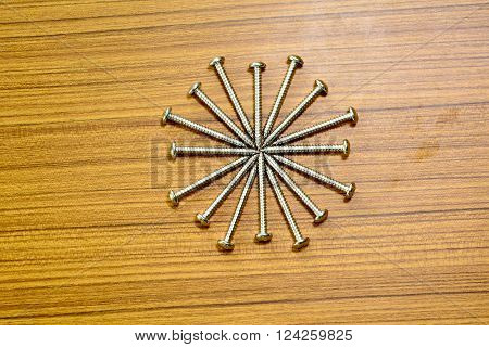 The salf tapping screw on wood background.
