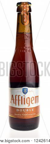 GRONINGEN, NETHERLANDS - APRIL 3, 2016: Belgian beer Affligem Double isolated on white background