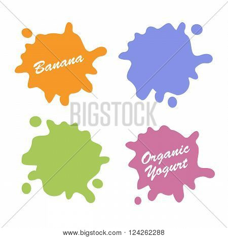 Fruit yogurt logos set. Milk product food strawberry cherry and peach banana and blueberry. 10 eps vector illustration