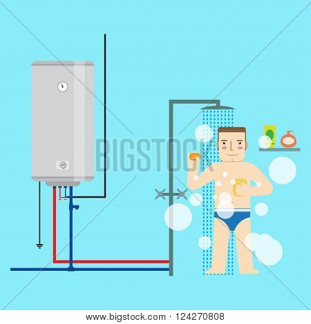 Electric Water Heater And Man In The Bathroom Taking A Shower. Flat Icon For  Web Design And Applica