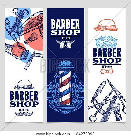 Barber shop 3 vertical flat banners set with beard mustache emblem and tools red blue abstract vector illustration