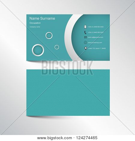 Modern light green or blue business card with rounded shape on backround in nice colors containing phone e-mail location and website. Front and rear view. Steel colors