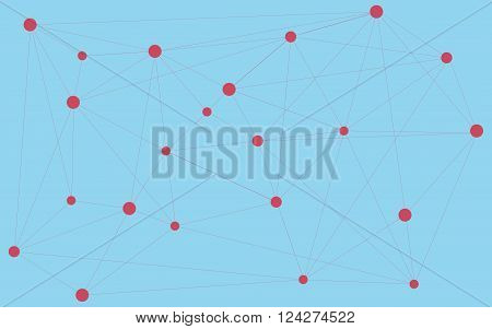 Red dots connected with triangle shape connection worldwide connections. Abstract background. Abstract wallpaper. Various shapes and sizes connected together. Blue abstract background with red dots.