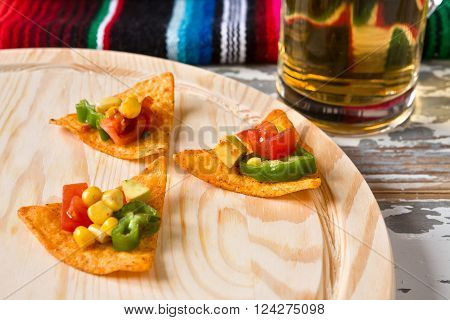Close up of nachos chips with vegetables and beer with a poncho on background
** Note: Shallow depth of field