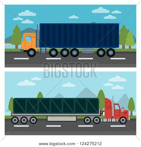 Cargo Transportation. Truck and Trailer. Delivery Trucks. Logistics Transportation. Mode of Transportation. Cargo Truck. Vector illustration. Flat style