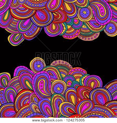 Nice card with bright hand drawn pattern. Easter theme. Zentagled.