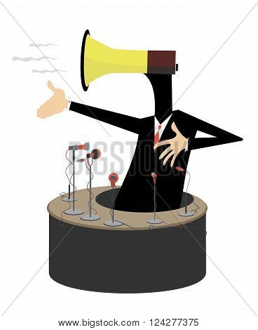 Man with a megaphone instead of head makes an emotional speech