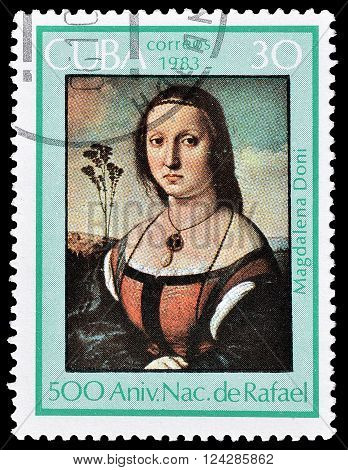 CUBA - CIRCA 1985 : Cancelled postage stamp printed by Cuba, that shows Portrait of Maddalena Doni, circa 1983.