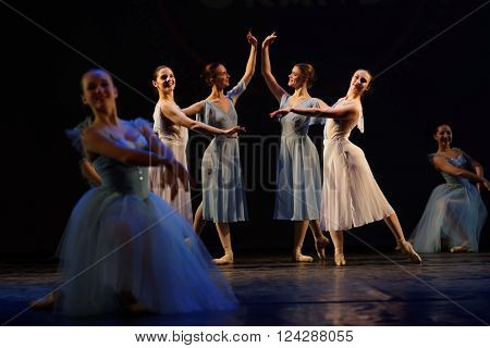 ST. PETERSBURG, RUSSIA - MARCH 28, 2016: Young dancers perform at the opening ceremony of International Festival of Choreographic Art Pari Grand. Artists from 9 countries participated in the festival