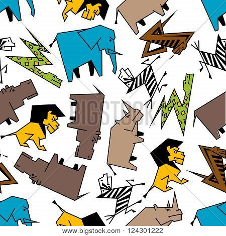 Wild animals of african savanna seamless pattern with stylized cartoon snakes, elephants and lions, hippos and zebras, snakes and rhinos. Childish room interior, wallpaper or textile themes
