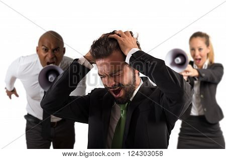 Boss scolds with megaphone a desperate employee