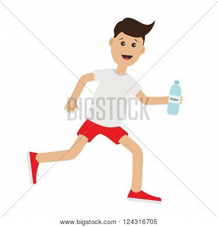 Funny cartoon running guy holding water bottle. Cute run boy Jogging man Runner Fitness workout running male character Isolated White background. Flat design Vector illustration