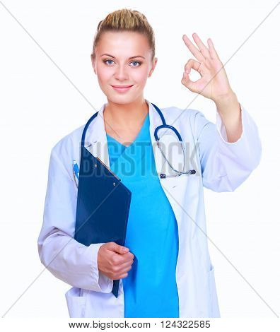A female doctor shows a sign okay isolated on white background.
** Note: Soft Focus at 100%, best at smaller sizes