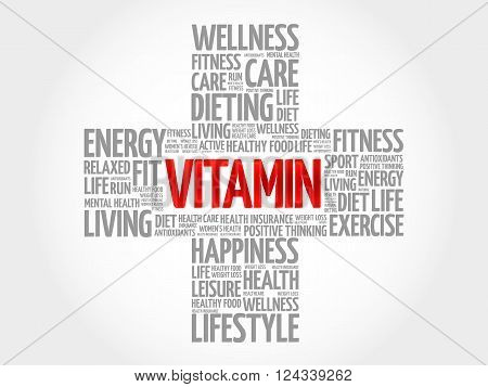 VITAMIN word cloud health cross concept, presentation background