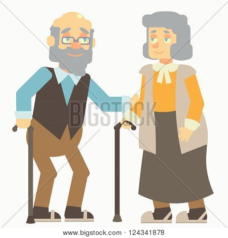 happy elderlys, old woman, grandma, grandmother, old man, grandpa, grandfather, with glasses and vest, with cane, stick, no background