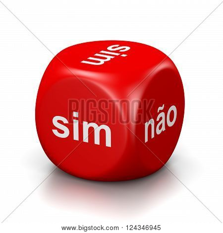 One Single Red Dice with Yes or No Portuguese Text on Faces on White Background 3D Illustration