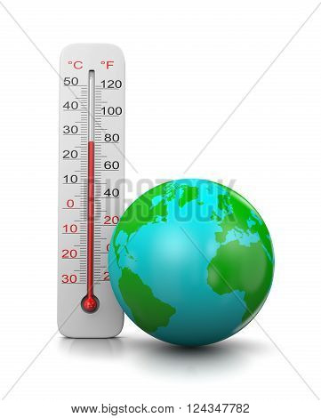 Thermometer Close to the Earth on White Background 3D Illustration, Global Temperature Concept
