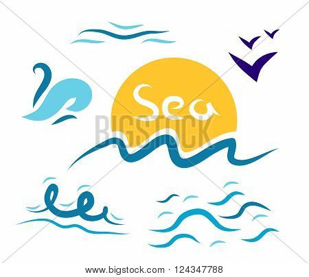 Set the wave sea gulls sun on a white character