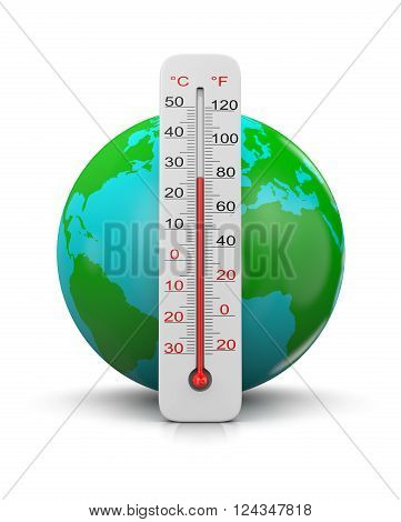 Earth Behind a Thermometer on White Background 3D Illustration, Global Temperature Concept