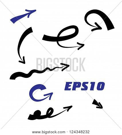 set Arrows and directions signs in flat style. Vector black on white background. symbol. hand drawn brushes on white