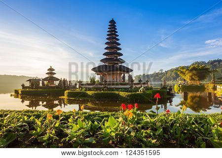 Pura Ulun Danu Bratan at sunrise famous temple on the lake Bedugul Bali Indonesia.