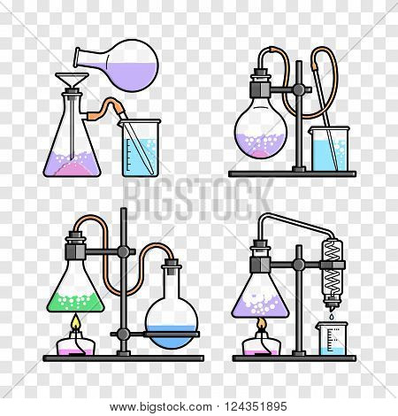 Set chemical flask. Erlenmeyer flask, distilling flask, volumetric flask, test tube. Vector illustration.
